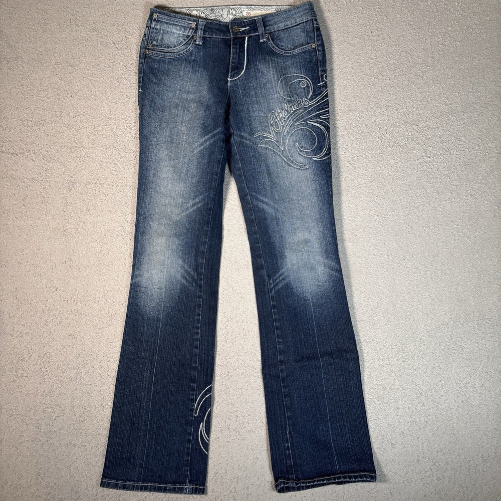 Akademics Womens Embroidered Graphic Bootcut Jeans Dark Wash Blue‎ Size 28 Y2K